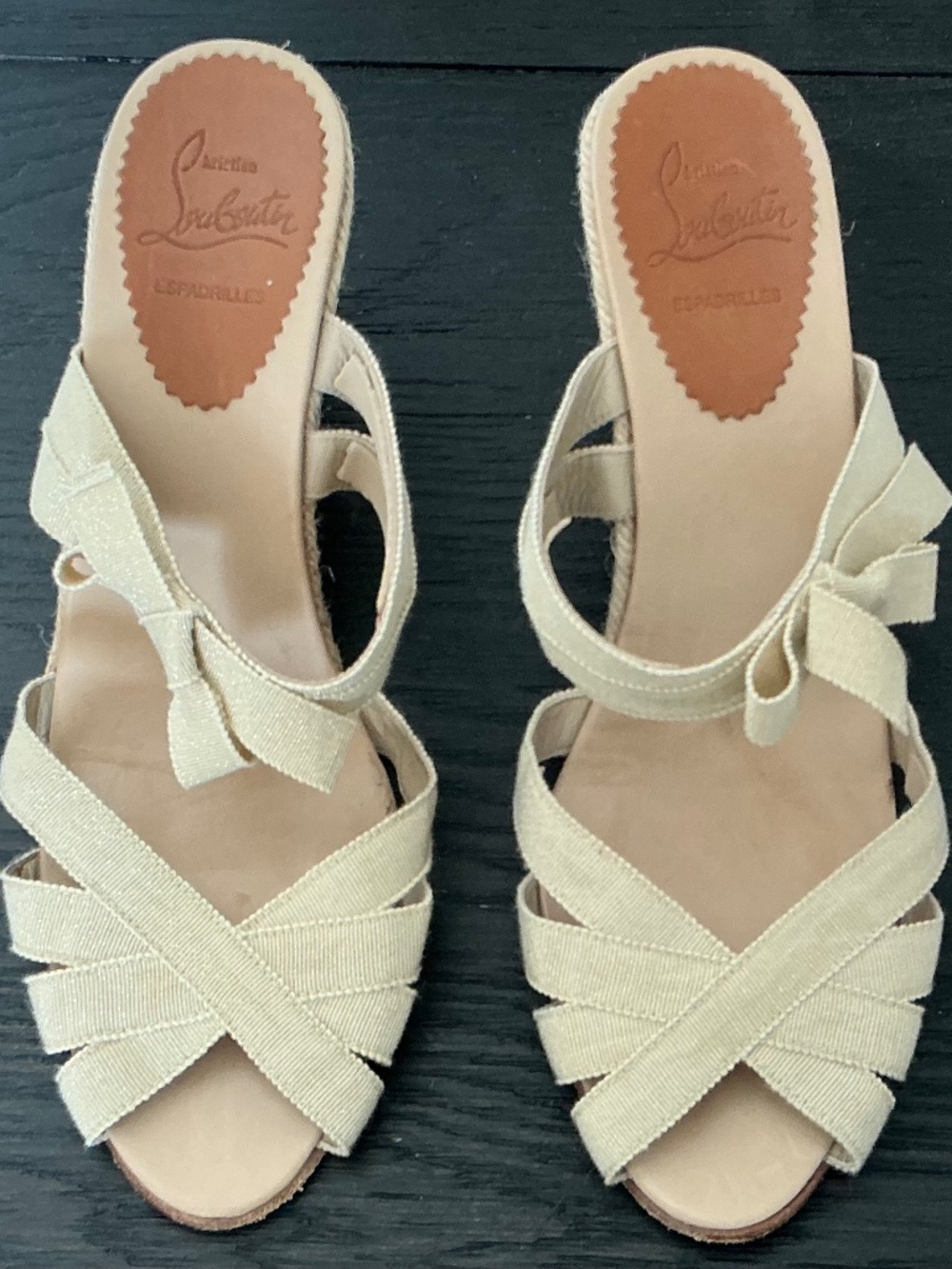 Christian Louboutin Cream Crisscross Bow Wedge Espadrilles